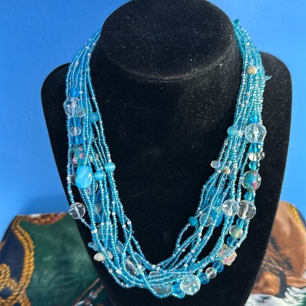 EsMor 13-Strand Glass Bead Necklace & Matching Earrings Set Multicolor Statement